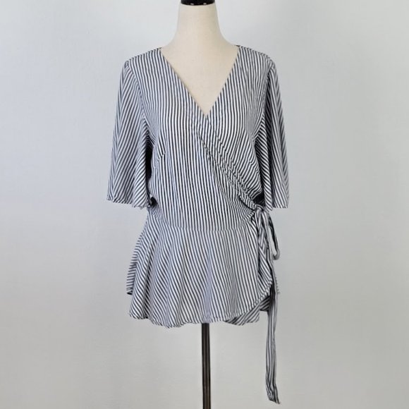LOFT Tops - LOFT striped wrap tie blouse gray Sz M